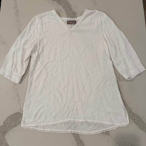 Chico’s Embroidered Trim 3/4 Sleeve V-Neck Tunic Top Womens Large Chicos 2 White - Picture 1 of 8